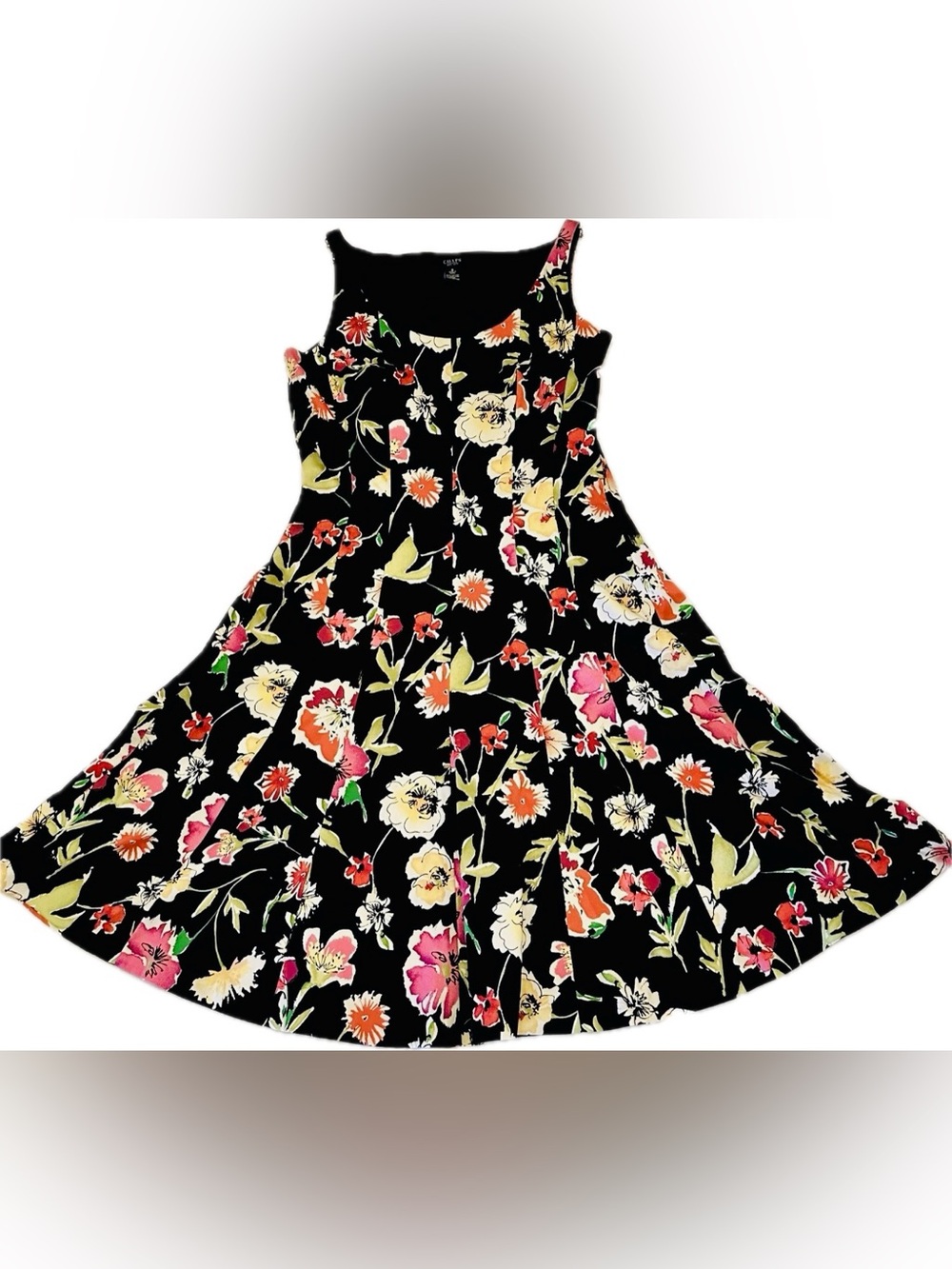 ⁠Chaps Women Dress Size 10 Black Floral Fit Flare Sleeveless Cotton Lined Party⁠